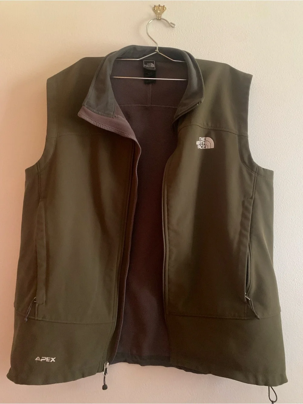 The North Face Olive Softshell Vest with Gray Trim